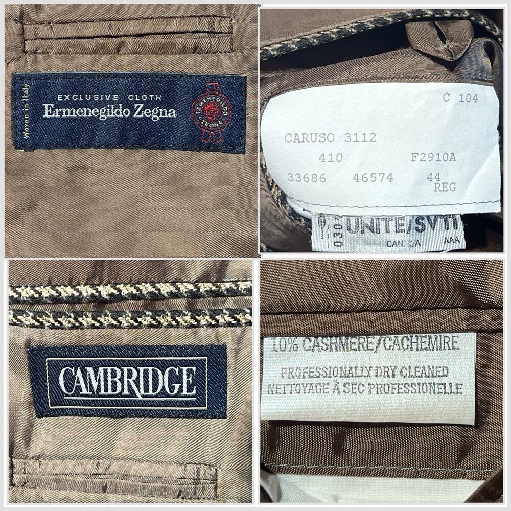 Vintage Zegna x Cambridge Wool Cashmere 46-48L Black Tan Houndstooth Sport Coat - Picture 15 of 16